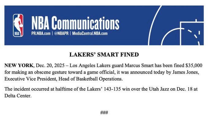 NBA官宣罸(fá)单：斯马特中场向裁判竖中指(zhǐ) 被处以3.5万美元罸(fá)款